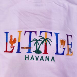 100% Cotton Embroidered Unisex T-Shirt – Little Havana / Rooster, Cigar, Palm Trees, Bongos, Dominoes