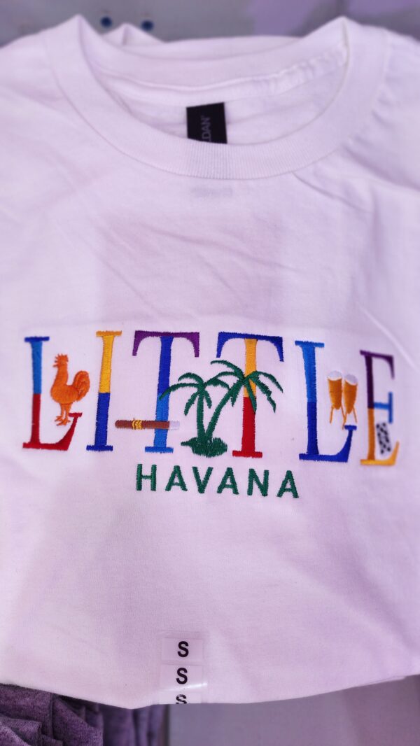 100% Cotton Embroidered Unisex T-Shirt – Little Havana / Rooster, Cigar, Palm Trees, Bongos, Dominoes