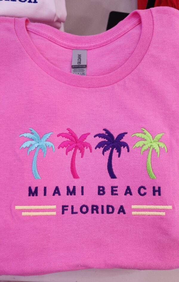 "Pink Paradise: Miami Beach Vibes" / 100% Cotton Embroidered Unisex T-Shirt